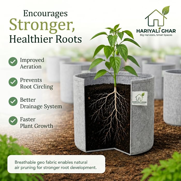 Image of 400 GSM Geo Fabric Round Grow Bags 18x18 Inch, Grey Planting Bags for Terrace and Kitchen Gardening Pack of 20