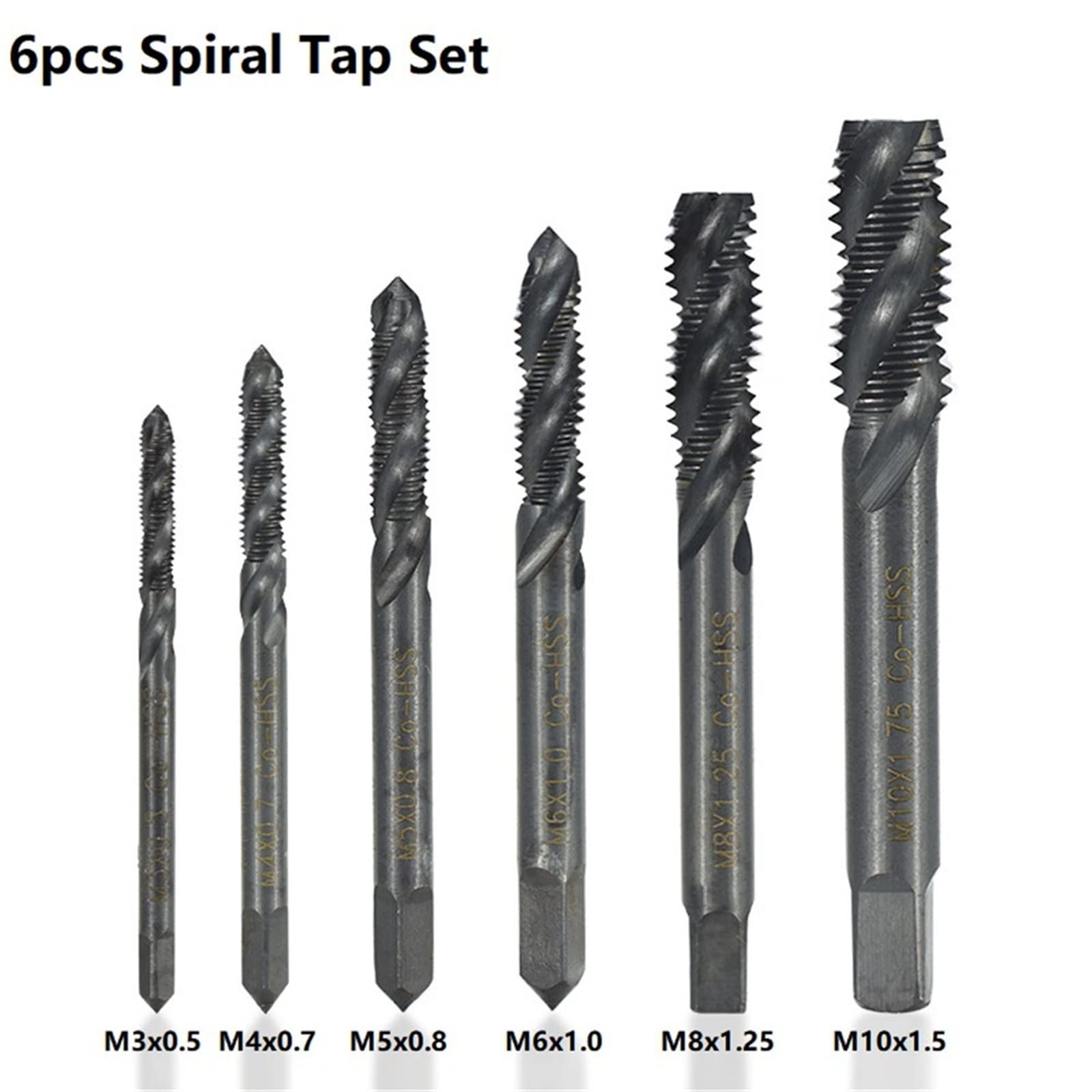 Set di maschi per filettatura 6 pezzi M3 M4 M5 M6 M8 M10 Maschi a spirale/dritti rivestiti in nitruro Utensili per maschiatura Maschi per filettatura metrica MINGPING (Colore: 6 pezzi Maschi a spira