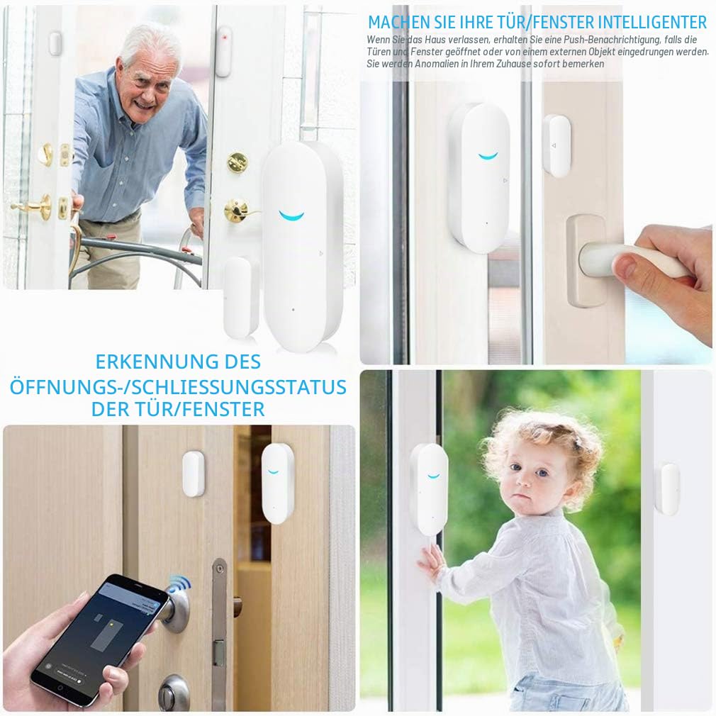 Tuya WiFi Door and Window Sensors, Smart Alarm with Free Notification App Control, Home Security Alarm System, No Hub Required, Compatible with Alexa, Google Home (4 Pack)