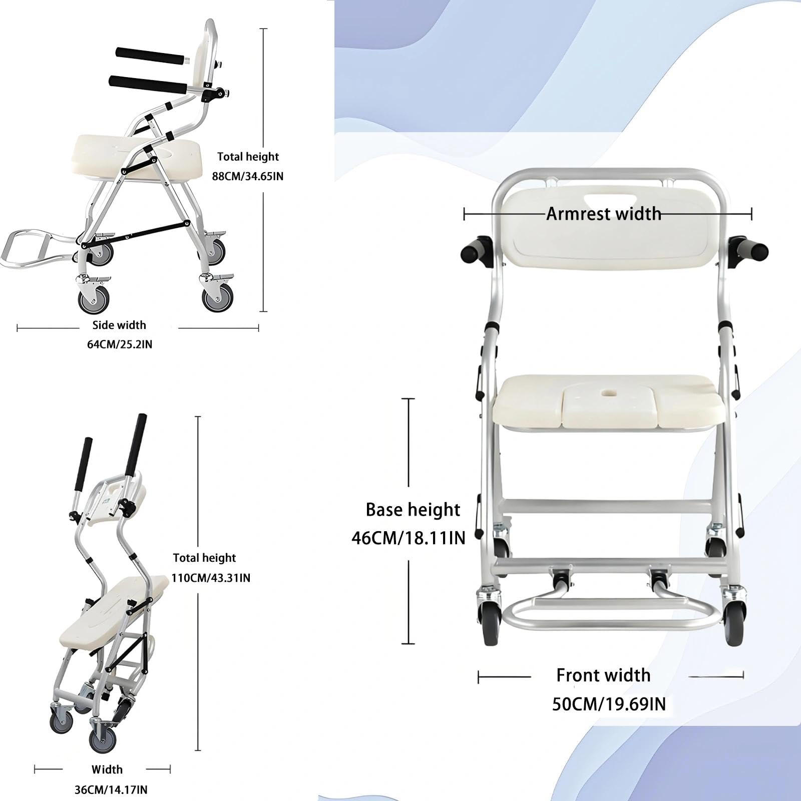 Sedia da Doccia con Rotelle, Sedia WC Doccia con Rotelle Pieghevole, Bianco Sedia da Toilette Mobile per Malati, Disabili e Incinte, Sgabello Doccia con Braccioli e Schienale, Carico 120 kg