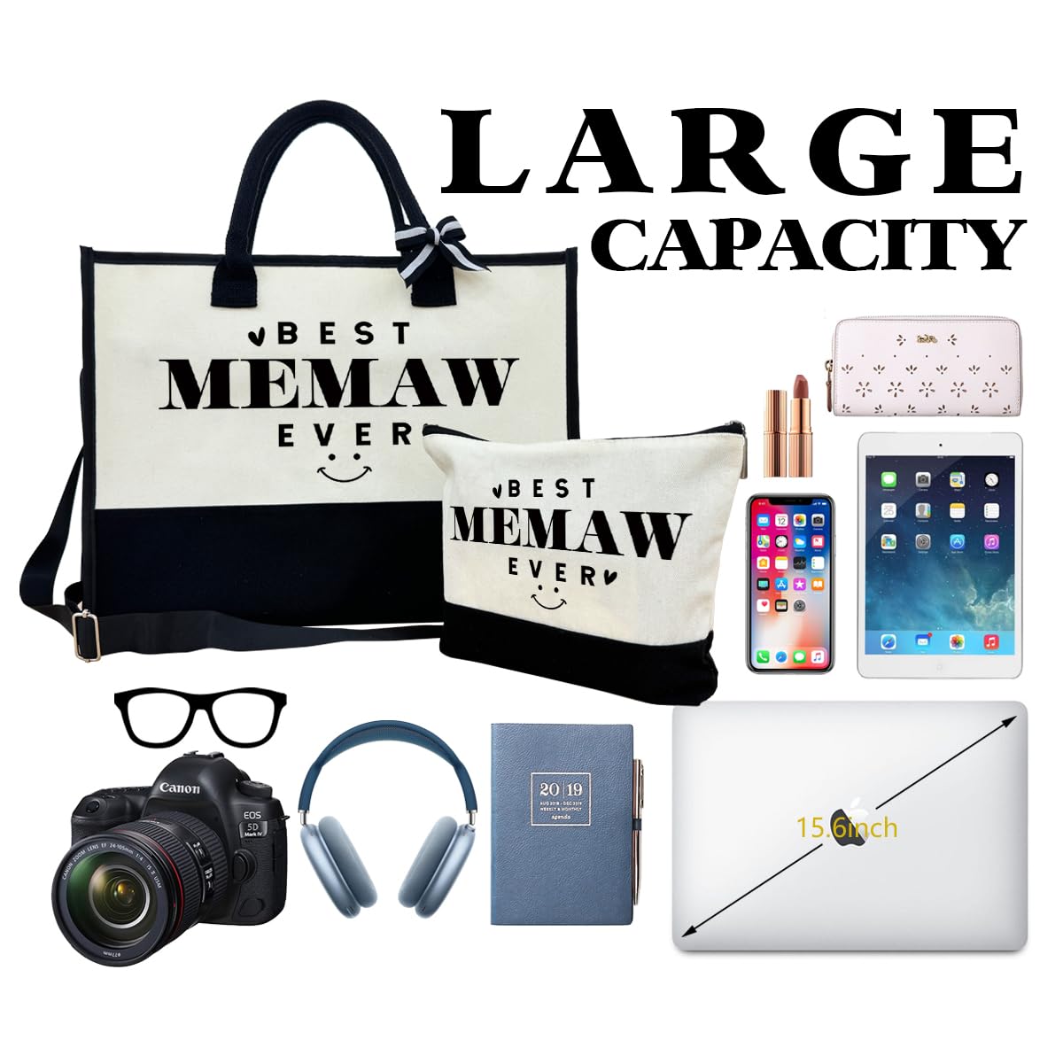 Beach & Outing Tote Bag for Memaw - Canvas with Inner Pocket & Make Up Bag - Mother's Day & Birthday Gift