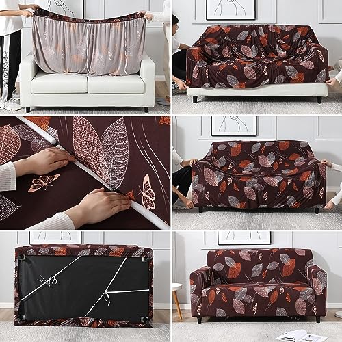 Image of Gurnoor Sofa Cover One 3 Seater and Two 1 Seater Fully Covered Universal 5 Seater for Living Room Non-Slip Sticky Elastic Stretchable Couch Sofa Set Slipcover Protector(Dark Brown Leaf)