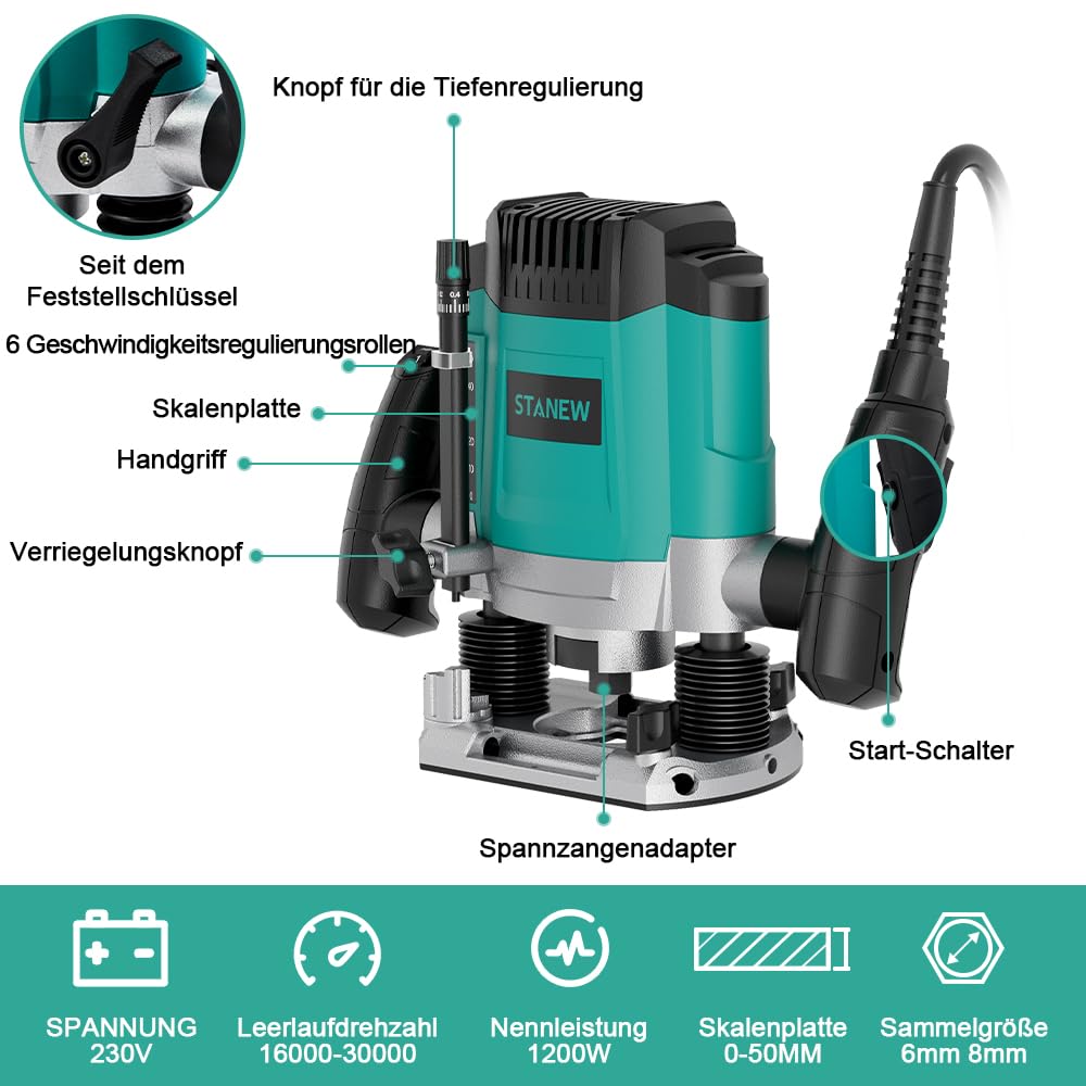 STANEW Oberfräse (1200 W, 6 Geschwindigkeiten 16000-30000 U/min, Ø 6 und 8 mm), Professional Vertical Fresatrice für Holzbearbeitung, Holzfräsmaschine, Frästiefe Einstellbar, inkl. 12 Fräser