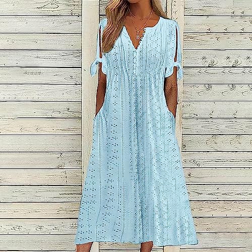 Summer Dresses for Women 2024 Comfy Henley Neck Button Plus Size Maxi Skirt Print Split Sleeve Casual Dress with Pockets2