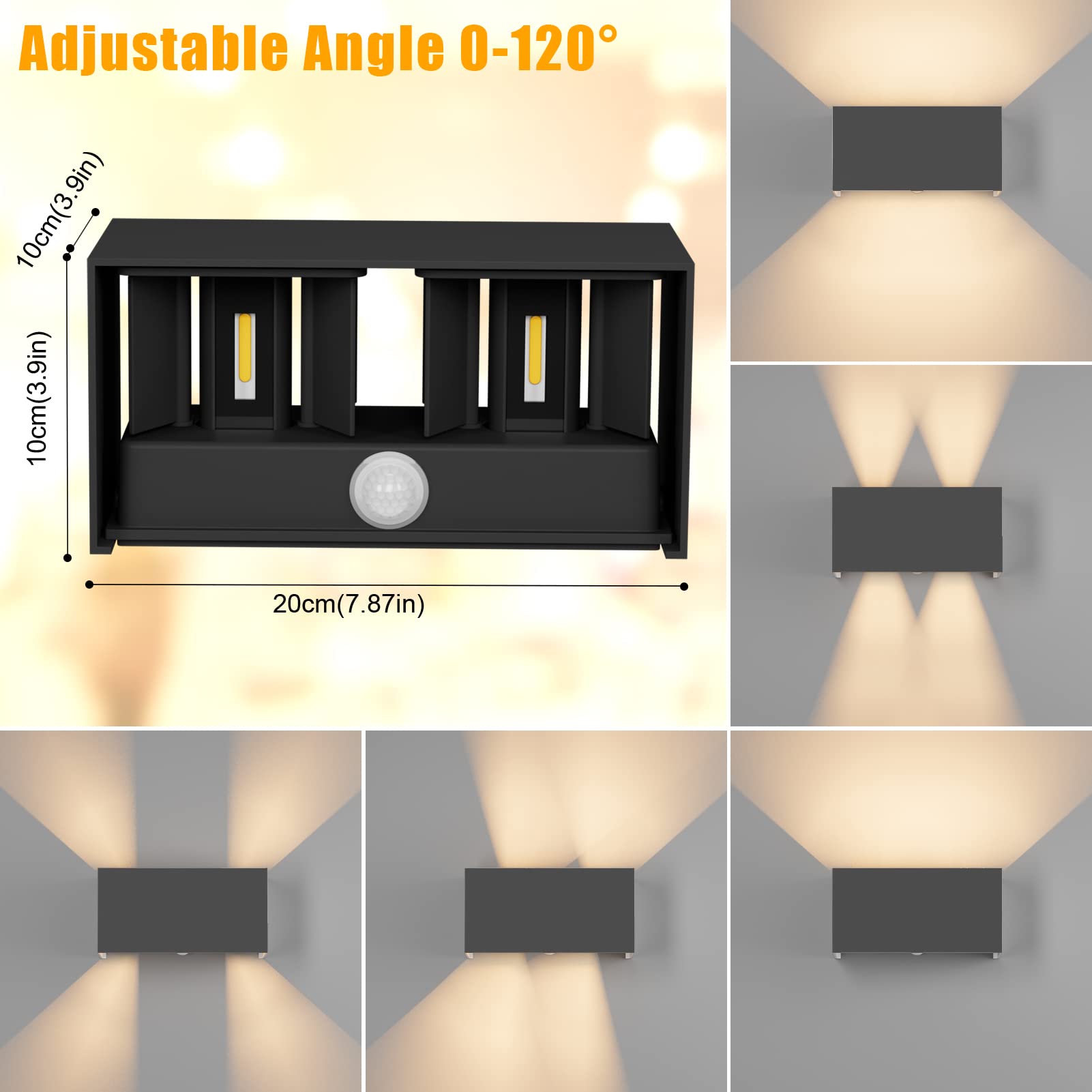Klighten 2PCS, 24W Zewnętrzna lampa ścienna z czujnikiem ruchu, IP65, 3000K Ciepła biała lampa ścienna Zewnętrzna/wewnętrzna, Regulowana wiązka światła Zewnętrzna