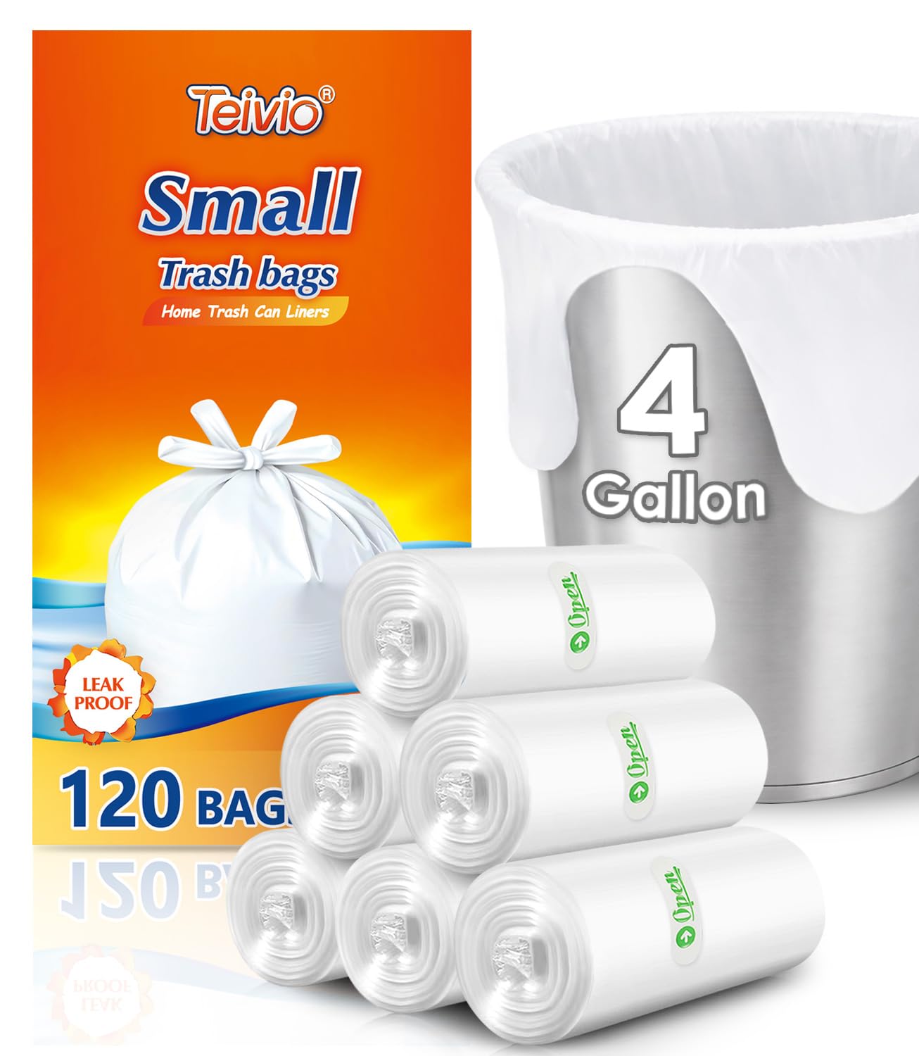 4 Gallon Strong Tie-Top Small Trash Bags 120 Count, fit 15 Liter Mini Waste Basket, 3 Gallon 4 Gallon Unscented Plastic Garbage Bags Can Liners for Home Office Kitchen Bathroom Bedroom, White