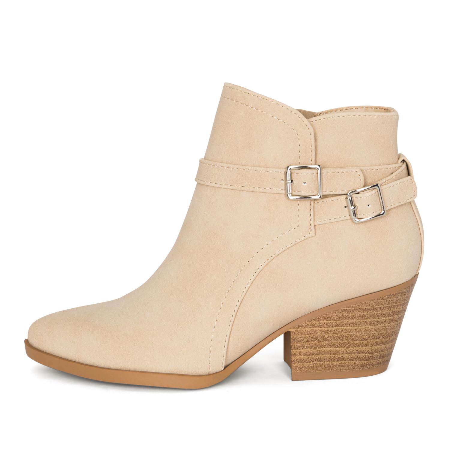 Chariot & Co : Mesa - Womens Western Stitch Pointy Toe Double Buckle Wood Stacked Heel Ankle Boots