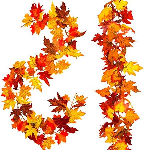 Whaline 2 Pcs Artificial Autumn Maple Leaves Garland, Fall Hanging Plant for Home Garden Wall Doorway Backdrop Fireplace Decoration, Wedding Party Decor (Deep)