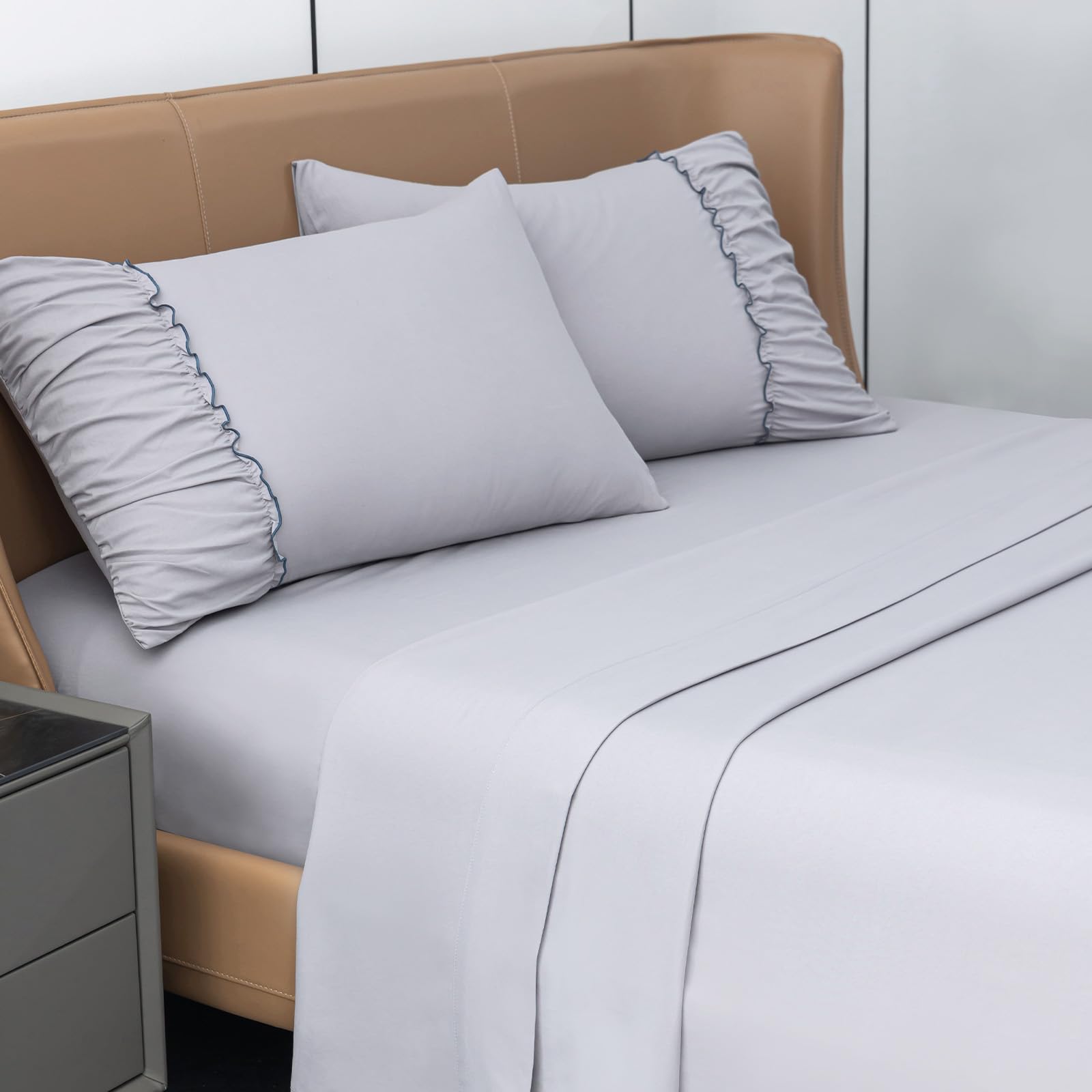 PY HOME & SPORTS King Size Bed Sheets Set 4 Piece 1800 Thread Count Bed Sheets Set with Lace Trim Decorated Pillowcase & 16" Deep Pocket, Super Soft and Comfortable (Light Gray, King)