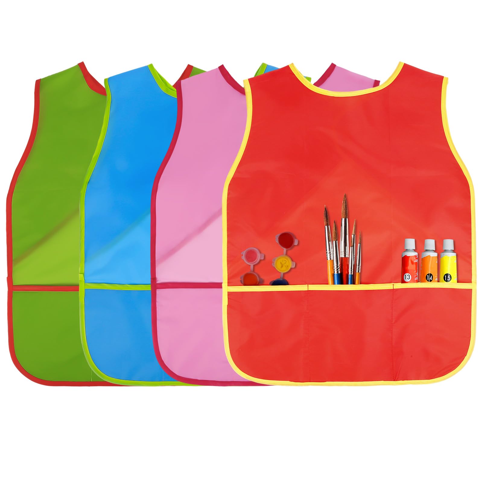 ViEinkaufen 4 delantales de pintura para niños, batas de artista, impermeables, sin mangas, con bolsillos para niños de 3 a 8 años, regalo para manualidades y cocina