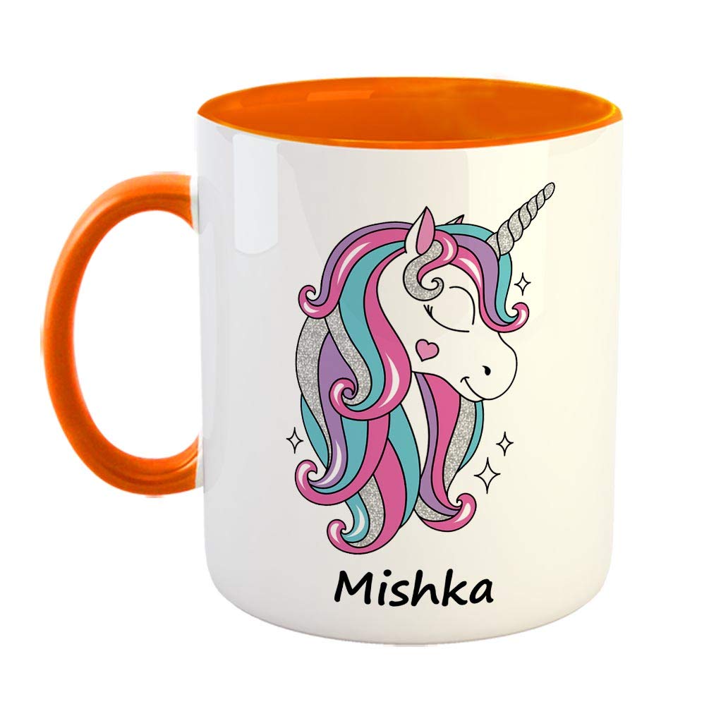 FurnishFantasy Unicorn Ceramic Coffee Mug - Best Happy Birthday Gift for Daughter, Sister, Gift for Kids, Return Gift - Color - Orange, Name - Mishka
