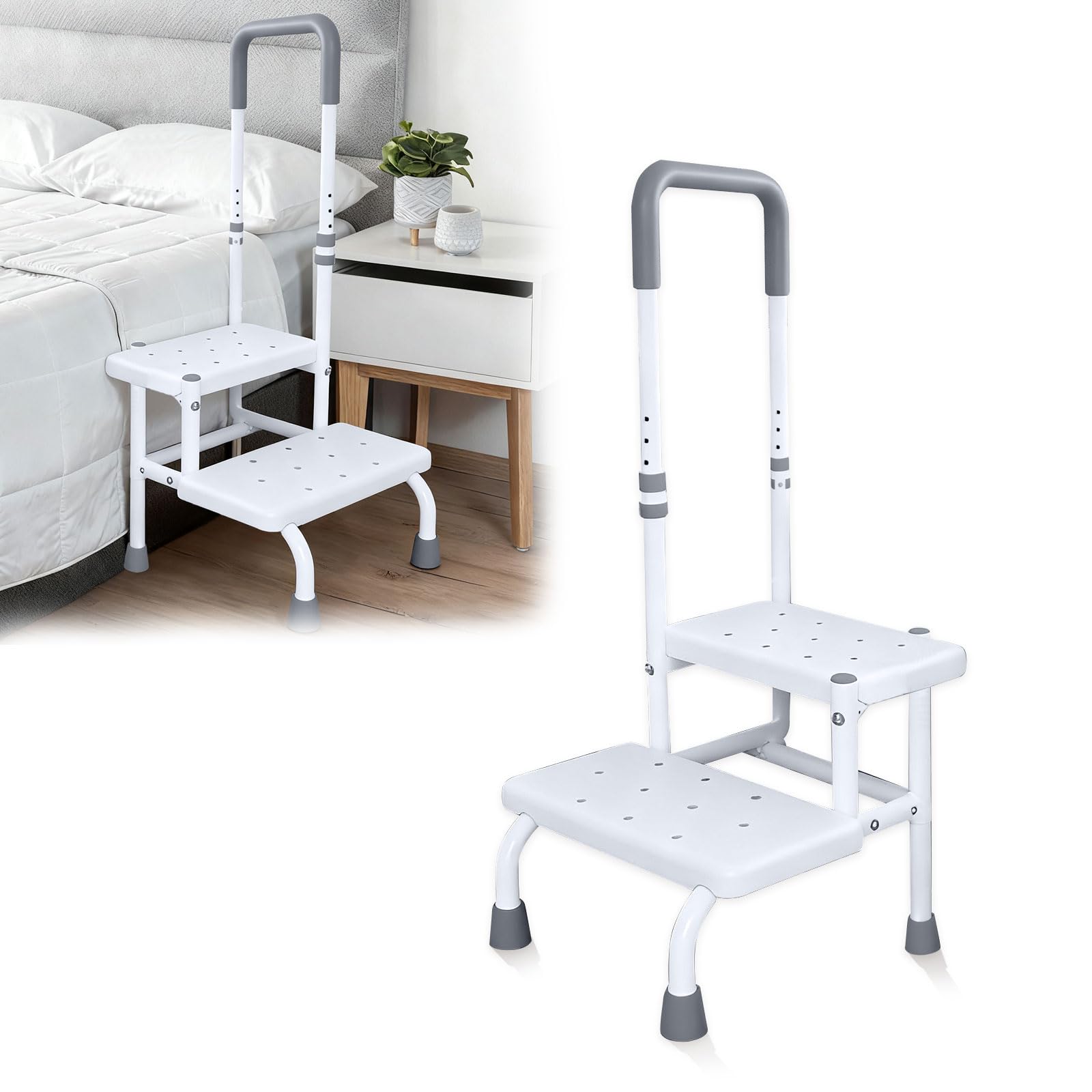 Escalera de baño de 2 niveles con asa, escalera para bañera para entrar y salir de la bañera, peldaños resistentes para personas mayores, 5 niveles de ajuste de altura, soporta hasta 136 kg