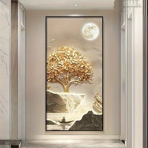 SDVIB Modern Abstract Golden Tree & Full Moon Canvas Wall Art Minimalist Landscape Canvas Print for Living Room Decor(80x160cm/ Frameless)