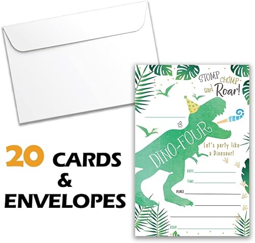 Miniatura 4 de Grace Yonks Stomp Chomp&Roar Party Invitación de cumpleaños, 20 invitaciones y sobres para invitaciones de tercer cumpleaños, suministros de fiesta