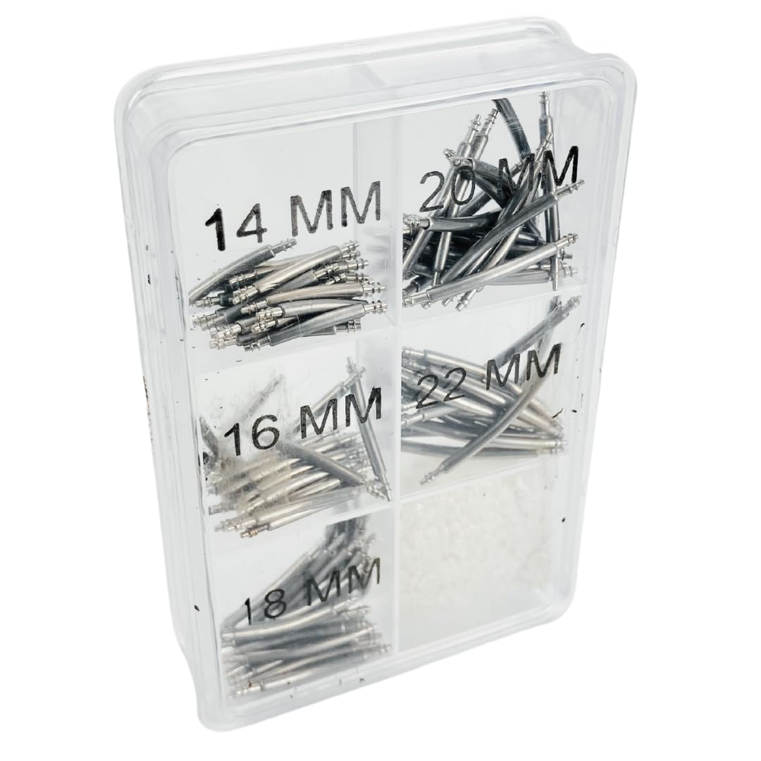 Jewel Tool 100 Piece Set Assorted Size Curved Spring Bars | Contains 20 Pieces of 14mm, 16mm, 18mm, 20mm, 22mm Spring Bars | Transparent 6 Compartment Organizer | Great for Watch & Jewelry Repair