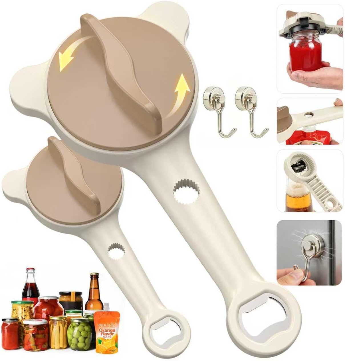 4-In-1Jar Opener,Jar Openers For Seniors,Adjustable Jar Opener Fits 1-3.5 Inch Bottle Caps,Perfect or Arthritis and WeakHands,Works Beer,Sauces,Canned Goods(Included Magnetic Hook) 2Pack