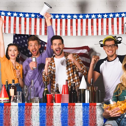Image of Oudain 6 Pcs 4th of July Parade Float Decorations, Includes 2 Pack Patriotic Wavy Metallic Tinsel Foil Fringe Table Skirts 4 Pack Red White and Blue Fringe Banner for Labor Day, Veterans Day