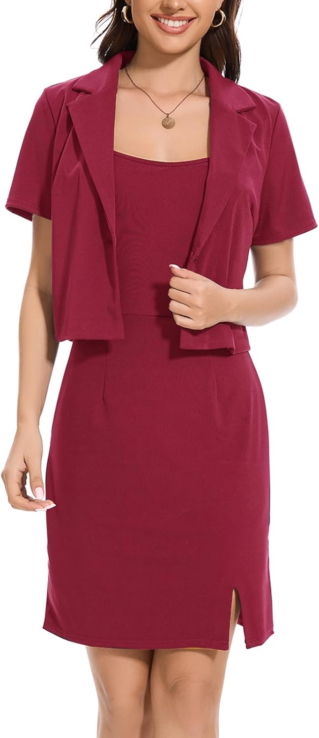 MINTLIMIT Women's Business Dress Suit Sets 2 Piece Outfits Office Cropped Blazer 2025 Work Office Short Sleeve Blazer Dress