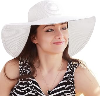 Women's Wide Brim Sun Hat - UV Protection Floppy Straw Sunhat Summer Beach 7 1/4