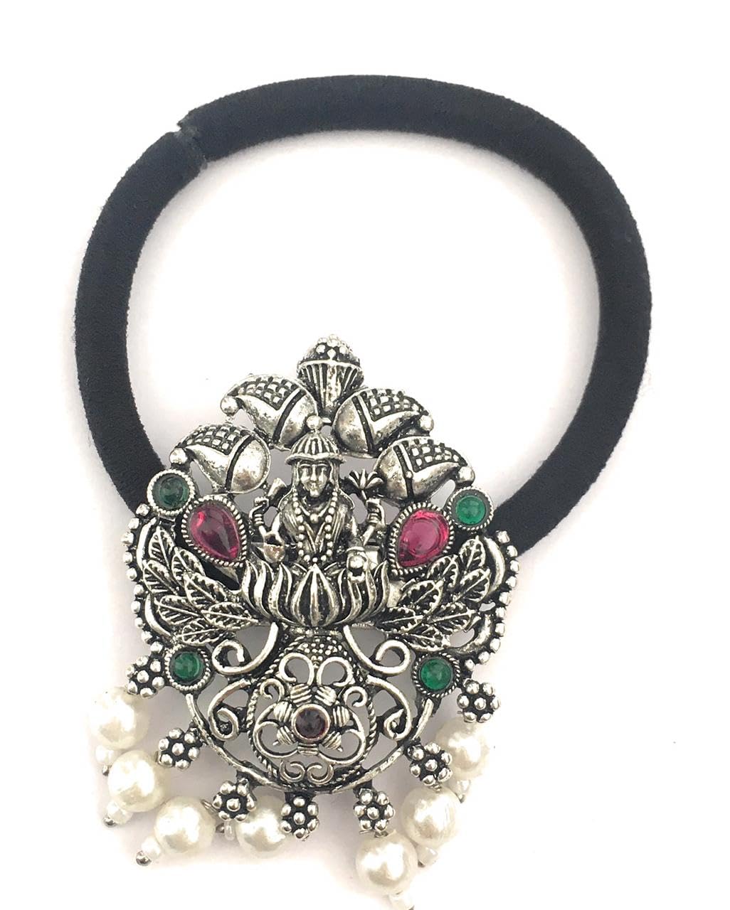 latest hair bands for women and girls black colour hair rubber bands with oxidised silver color decoration (pack of 1) hair ties stones ponytail holders center clips for children (B0D66N2LDD) Amazon Price History, Amazon Price Tracker