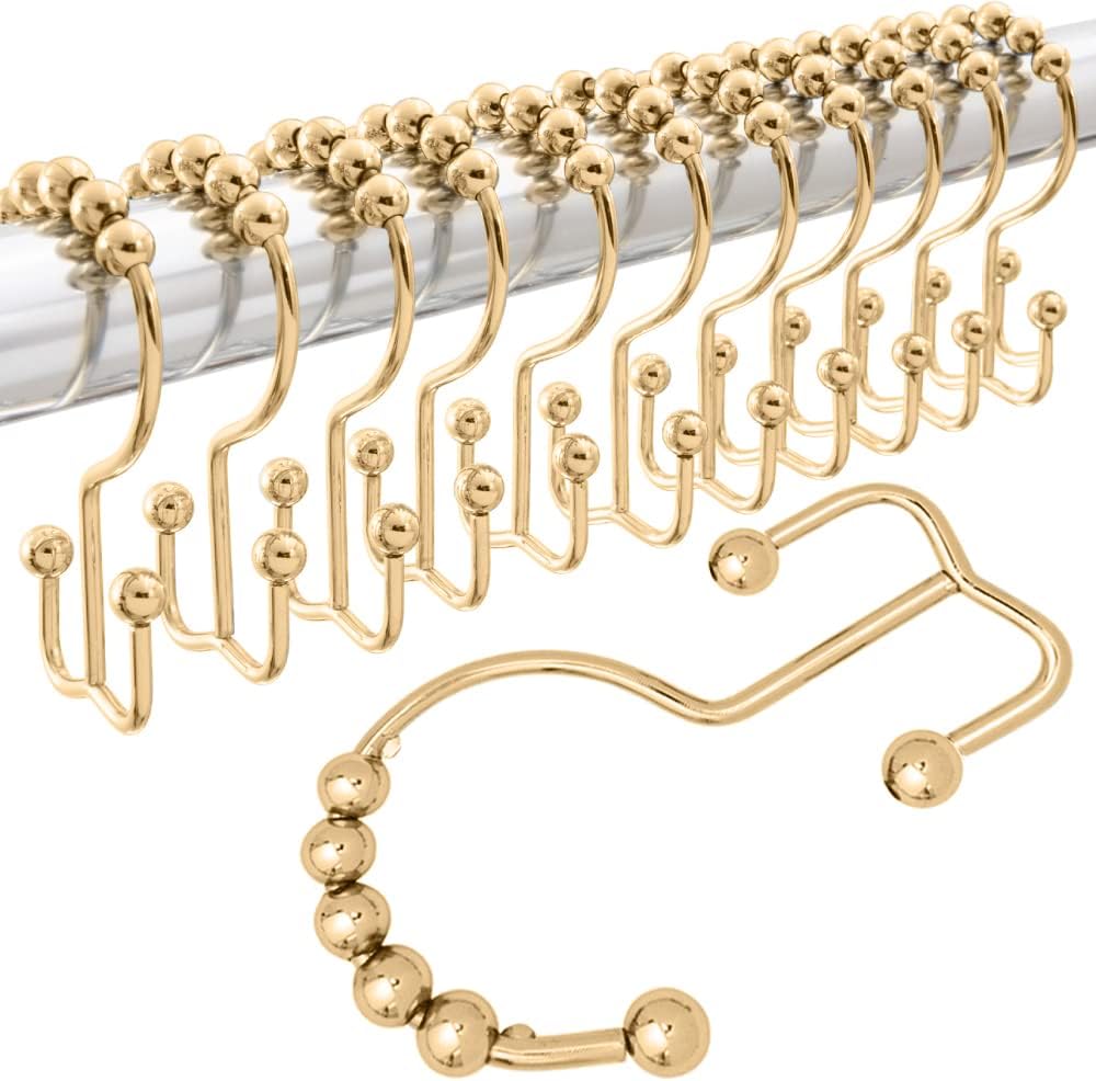 Gorilla Grip Shower Curtain Hooks, Stainless Steel Rust Resistant Easy Install Rings Set of 12, Decorative Liner Ring for Bathroom Hanging Rods, Friction Free Metal Hook, Bath Room Accessory, Brass