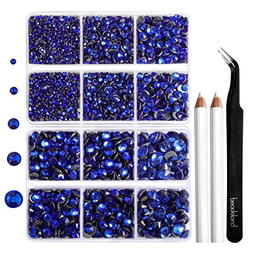Image of 6736pcs Hotfix Rhinestones Flatback,Royal Blue Rhinestones for Crafts Clothes Mixed 5 Sizes, Hotfix Crystals with Tweezers and Wax Pencil Kit, SS6-SS30,Sapphire