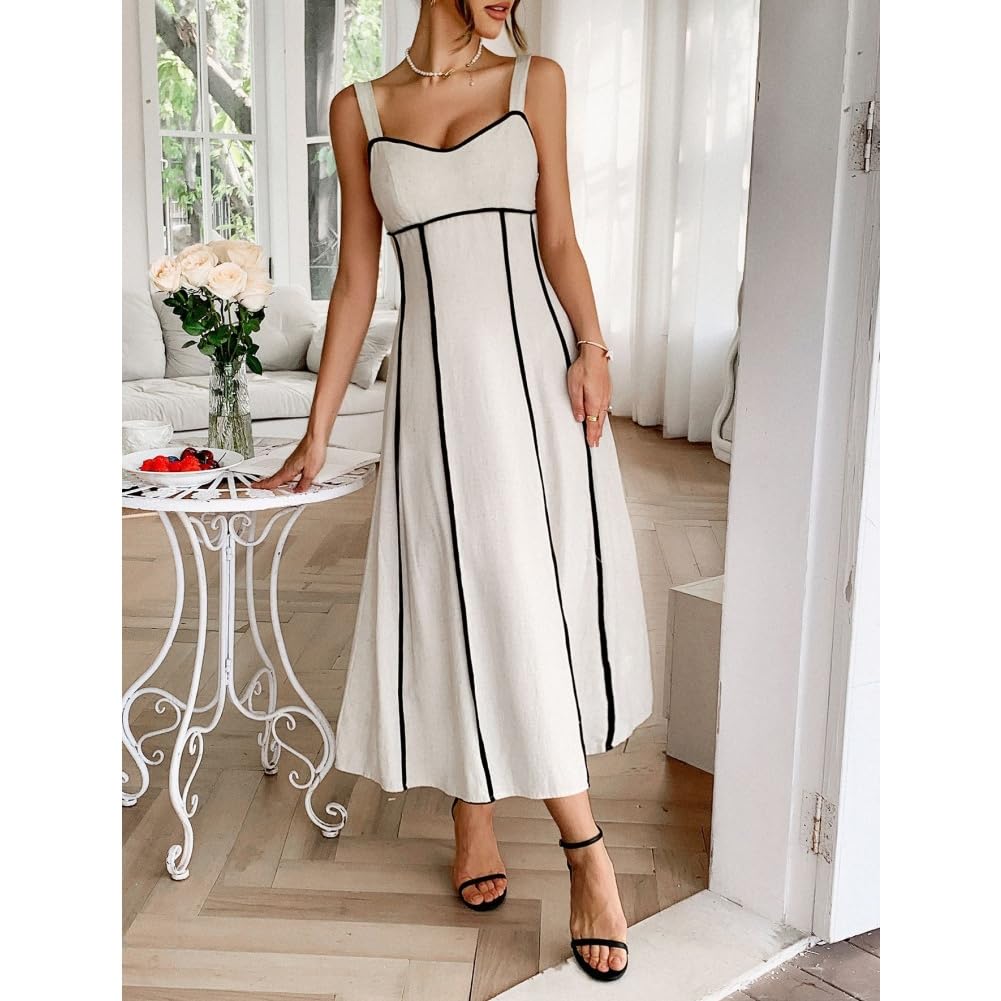 Maxi abito da donna senza spalline con scollo a V, a vita alta, linea nera, abito estivo casual