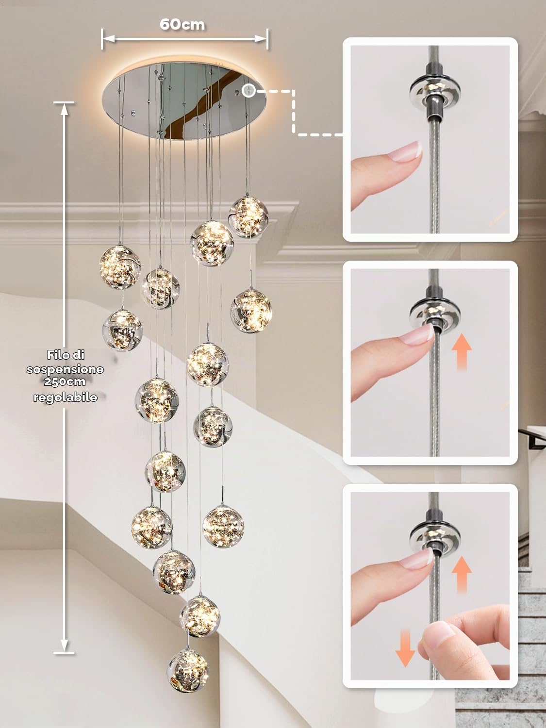 250CM Lampadario LED per Scale 15 Sfere di Vetro 80W 3000K Grigio | Treppenhaus Lampada a Sospensione Soffitto Moderne Länge Lampadari Ville Luci la Sala Cucina Soggiorno Glass ball