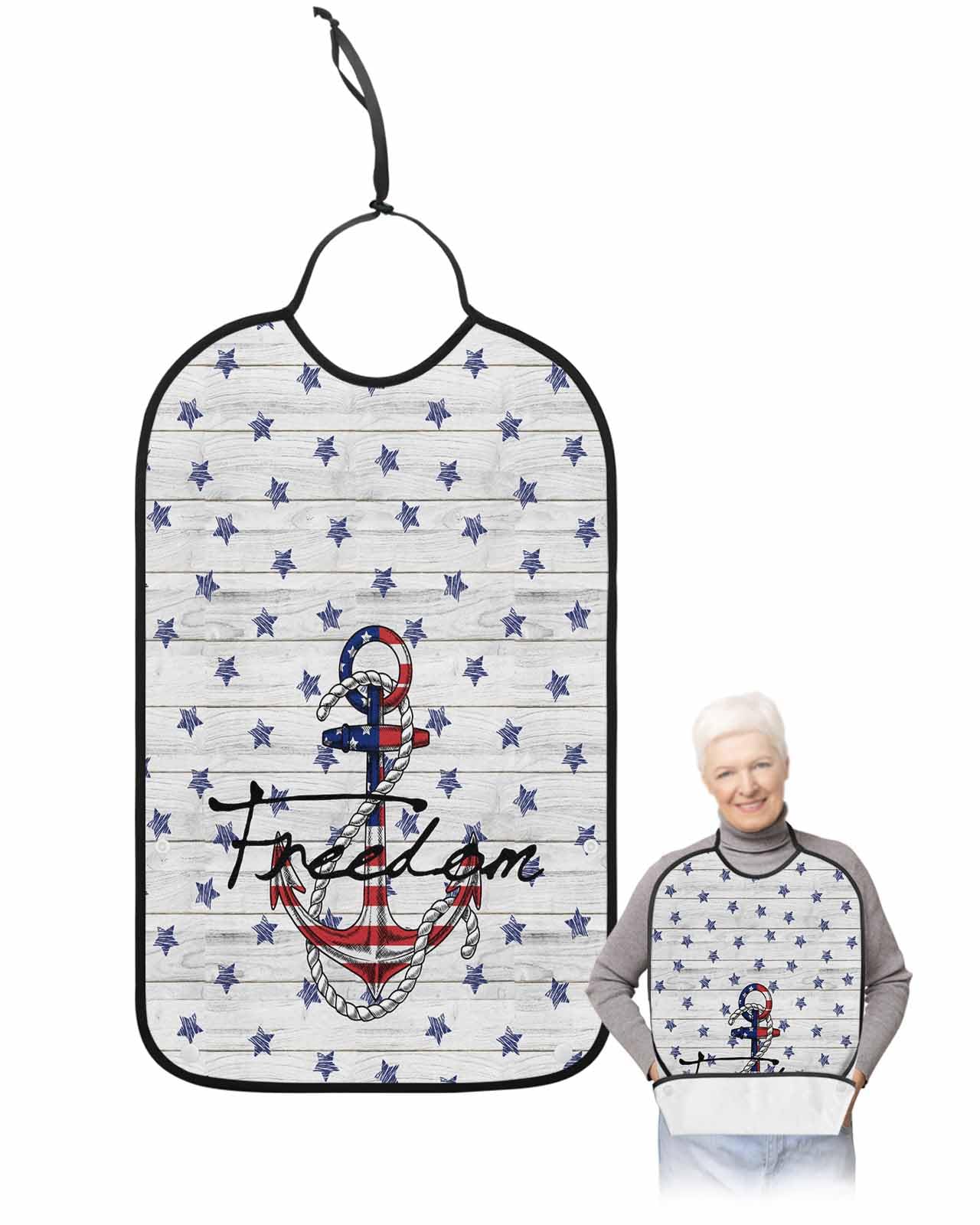 LEOKOTI 4th of July Adult Bibs for Eating, Waterproof Bibs with Food Catcher & Adjustable Snap Closure, Independence Day Anchor Blue Star Vintage Washable Clothing Protectors Adult Bibs for Elderly