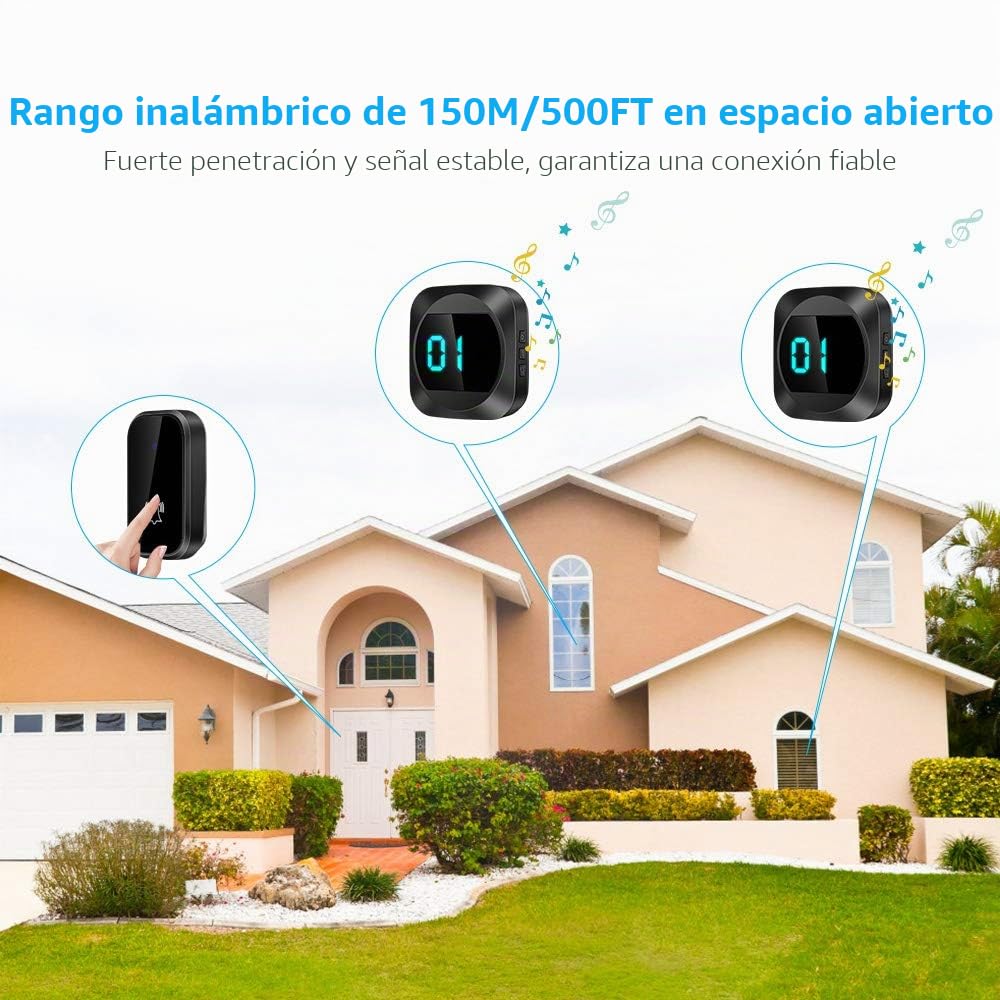 Timbre Inalámbrico Sin Pilas con Temperatura, Timbre Inalámbrico Exterior | Timbre Inalámbrico Exterior Impermeable Rango 500 Pie, 38 Melodías, 4 Niveles Volumen, LED, Doorbell para Hogar, Hotel