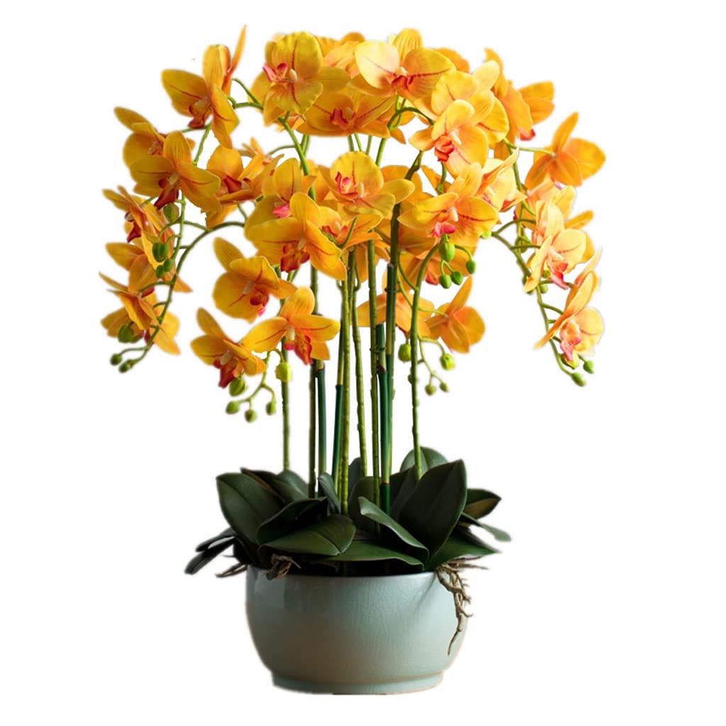 MYUYEE Artificial Flowers For Decoration 3D High Simulation Touch Ikebana Artificial Orchid Flower Arrangements Artificial Latex Phalaenopsis Flower Set Artificial Flowers Plant(H-Geel)