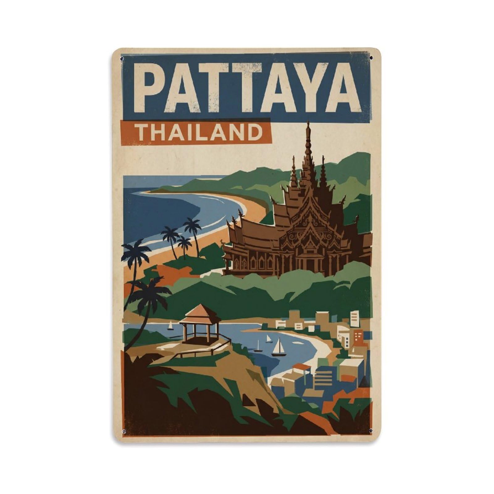 Retro Thailand Pattaya Travel Metal Tin Sign Plaque Wall Decor for Cafe, Club Bar, Office, Garden Metal Poster 8x12Inch