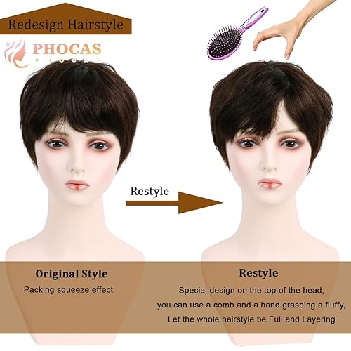 Miniatura 4 de PHOCAS Short Brown Human Hair Pixie Cut Wigs with Bangs Layered Wigs Short Brown Natural Fashion Straight Hair Wigs for Women