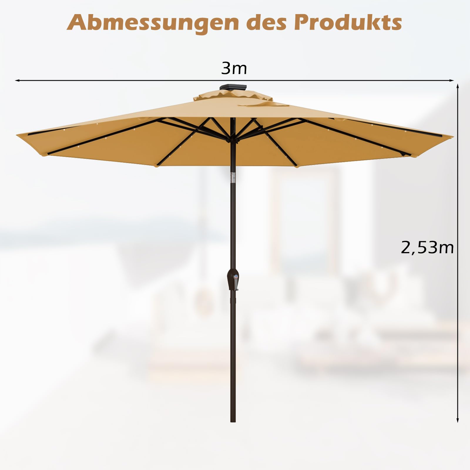 COSTWAY Sonnenschirm 300 cm mit LED-Solar-Beleuchtung, Gartenschirm mit Kurbel, beidseitig um 30° knickbar, Terrassenschirm mit 8 Rippen, Marktschirm für Garten, Balkon, Terrasse, Beige