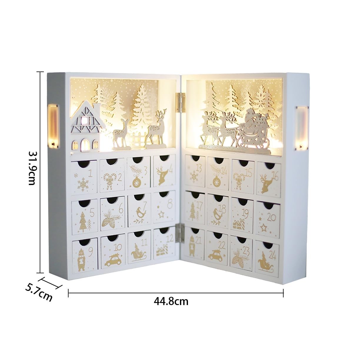 PE Weihnachten Adventskalender zum Befüllen Holz mit LED Kinder -Winterwald Szene-24 Schubladen Weihnachtskalender mit Silber Rentier Dekorative & Funktionale Aufbewahrung von Weihnachtsgeschenken