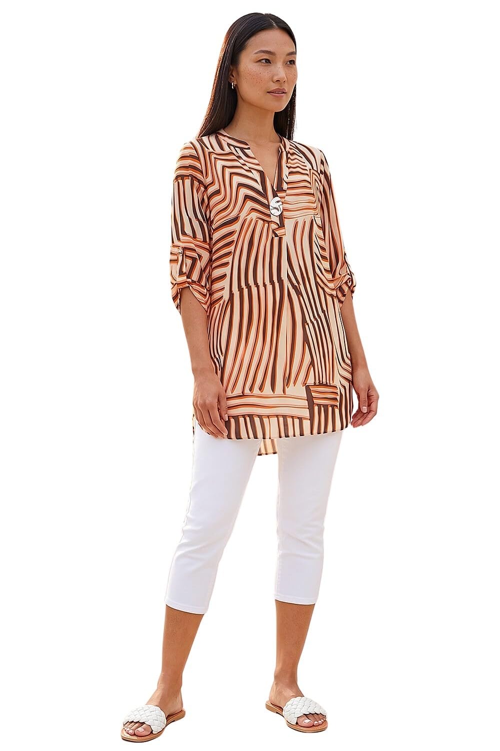 Roman Originals Shirt for Women UK Ladies Longline Top Collarless Blouse Smart Tunic Casual Evening Relaxed Fit 3/4 Length Sleeve Notch V Neck Long - Abstract Orange - Size 14