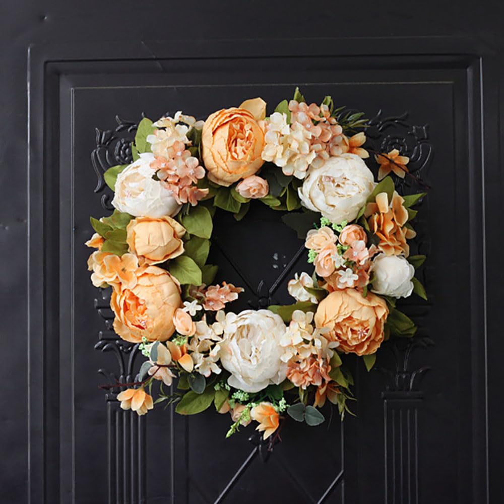 Couronne florale de pivoine artificielle en soie - 35 cm - Décoration de porte orange - Pour printemps, été, automne, hiver - Grande couronne pour porte d'entrée extérieure, intérieur, mariage,