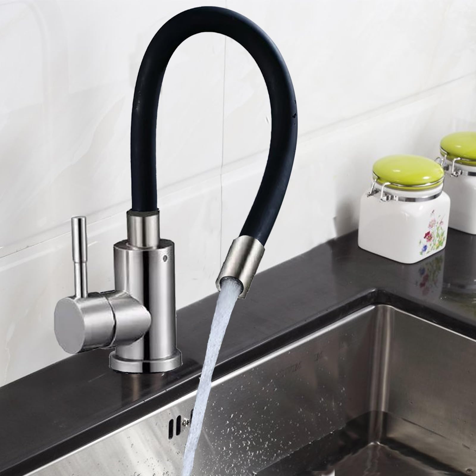 Grifo flexible para cocina, color negro, grifo de cocina de 360°, con caño flexible, de alta presión, grifo de cocina flexible, de acero inoxidable (cepillado)