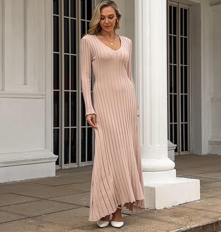 Image of Women's Long Sleeve Sweater Dress Ankle Length Fall Dress Vneck Knit Winter Dress