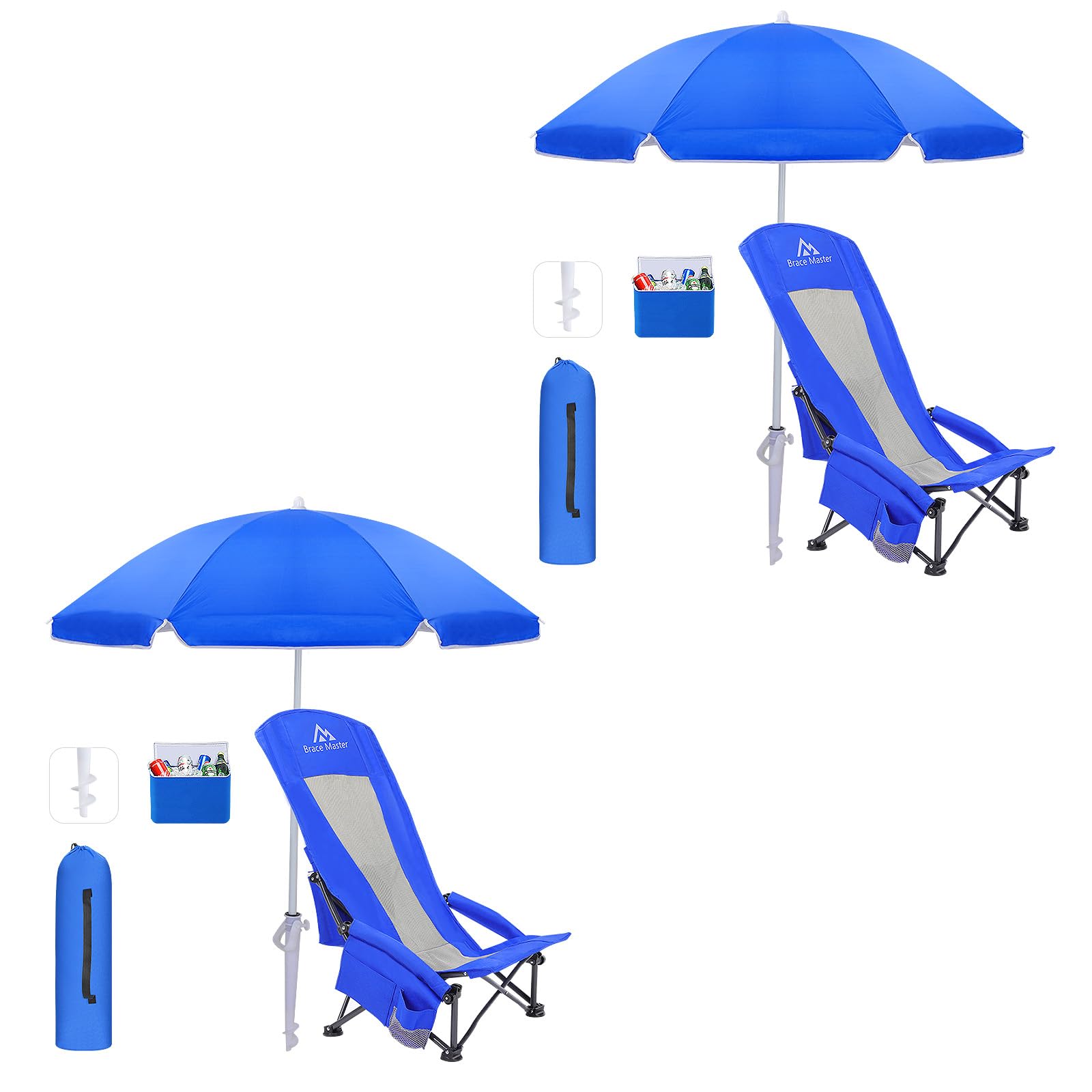 Brace Master 2 Pcs Sedia da Spiaggia con 2 ombrelloni, Sedia da campeggio con Portabicchieri, Dispositivo di Raffreddamento E borsa per Telefono per Giardino Campeggio Spiaggina(Blu)