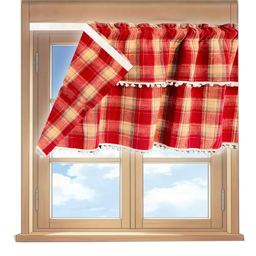 Cortinas cortas para cocina a cuadros rojos: visillos autoadhesivos ideales para muebles de café
