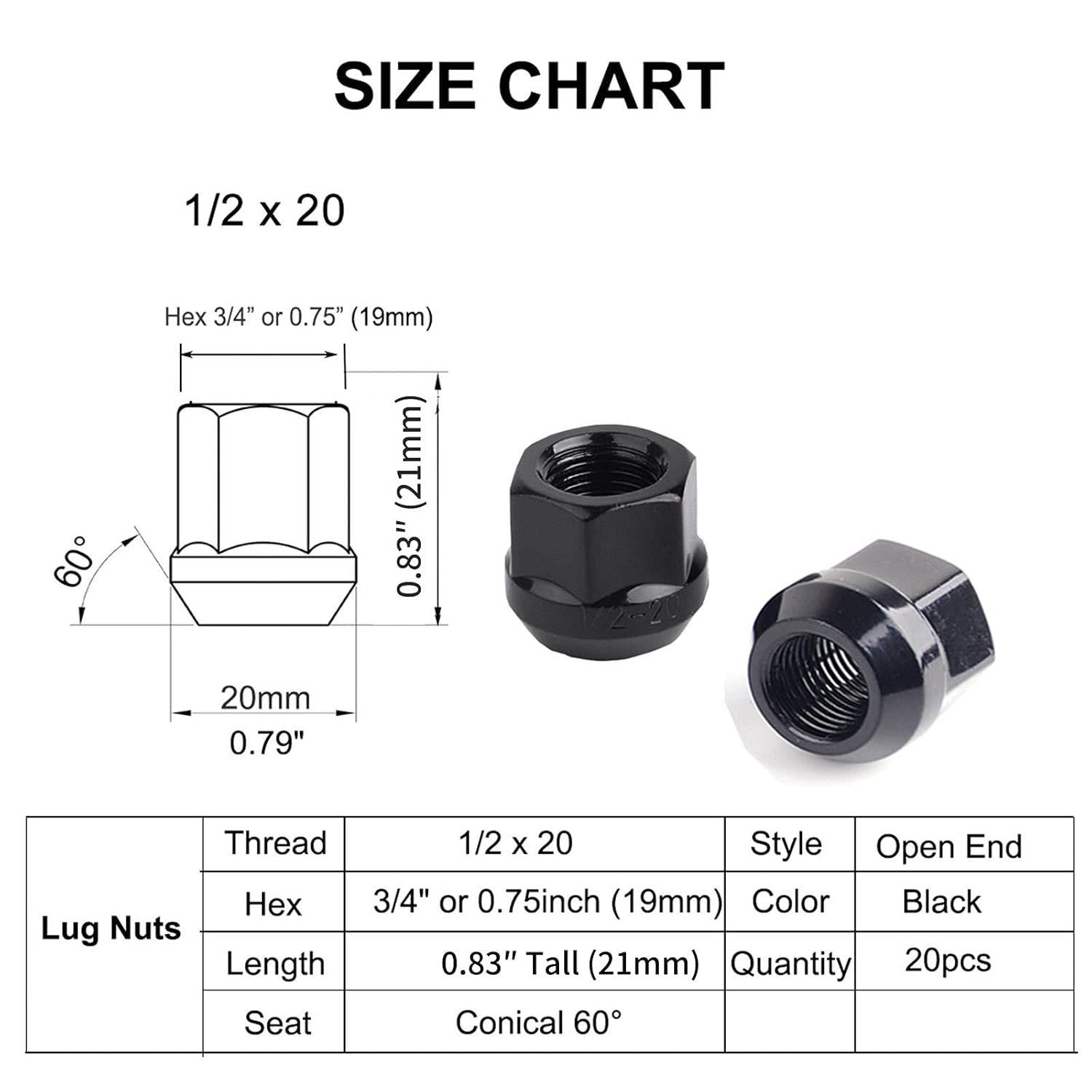 MuHize Lug Nut Kit 20pcs - 1/2" x20 Black Lug Nut(2026 New), Open End 6 Spline 0.83" Tall 3/4" Hex 60° Taper - Rust Resistant - Compatible with Ford F150 F250 Expedition Lincoln Navigator