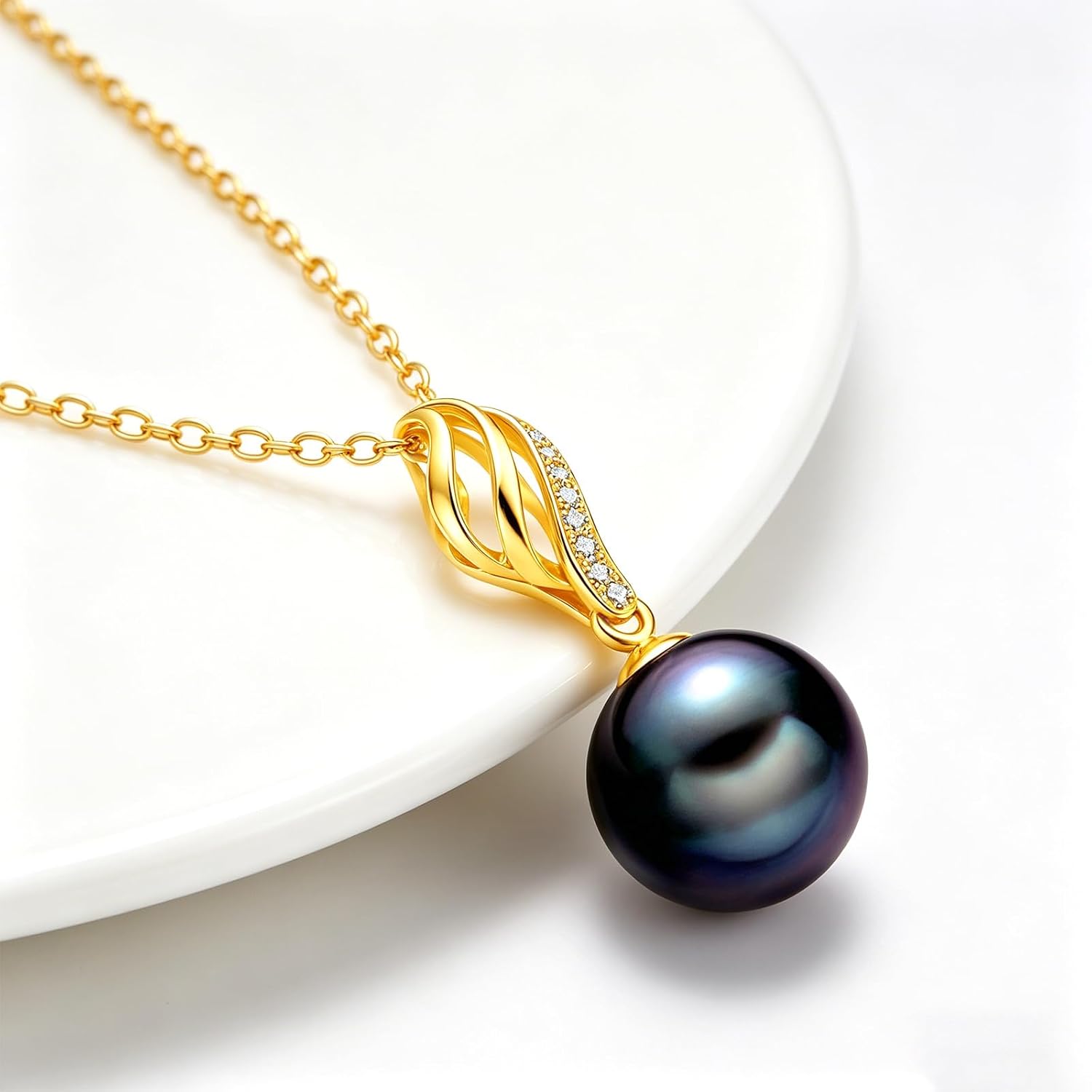 10k Solid Gold Tahitian Black Pearl Necklace for Women, 10mm Black Pearls Moissanite Pendant, Real Gold Pearl Jewelry, Anniversary Christmas Birthday Gift for Her Wife Mother, 16+2 Inch