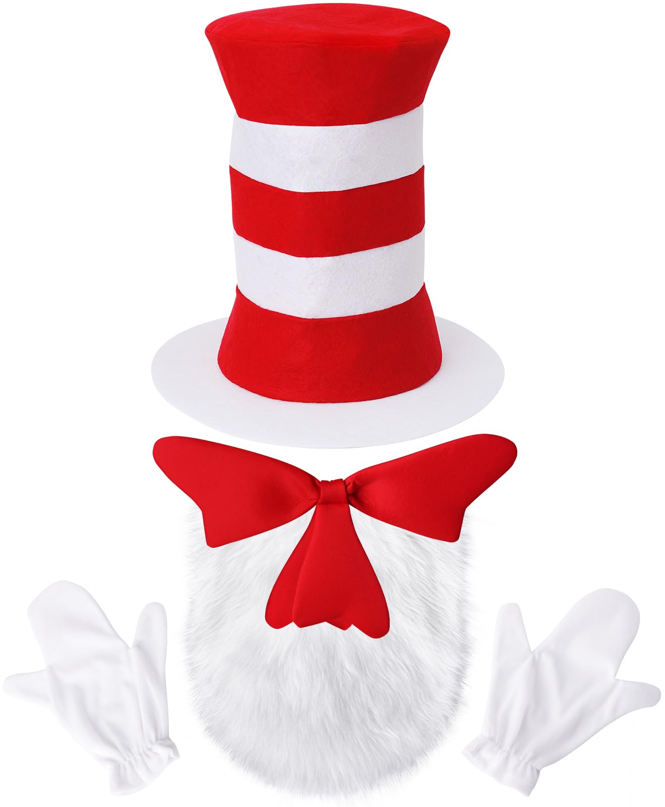 OFIHIDO 5 Pcs Hallowen Costume Accessories,Red White Striped Hats/Red Bow/White Furry/White Gloves