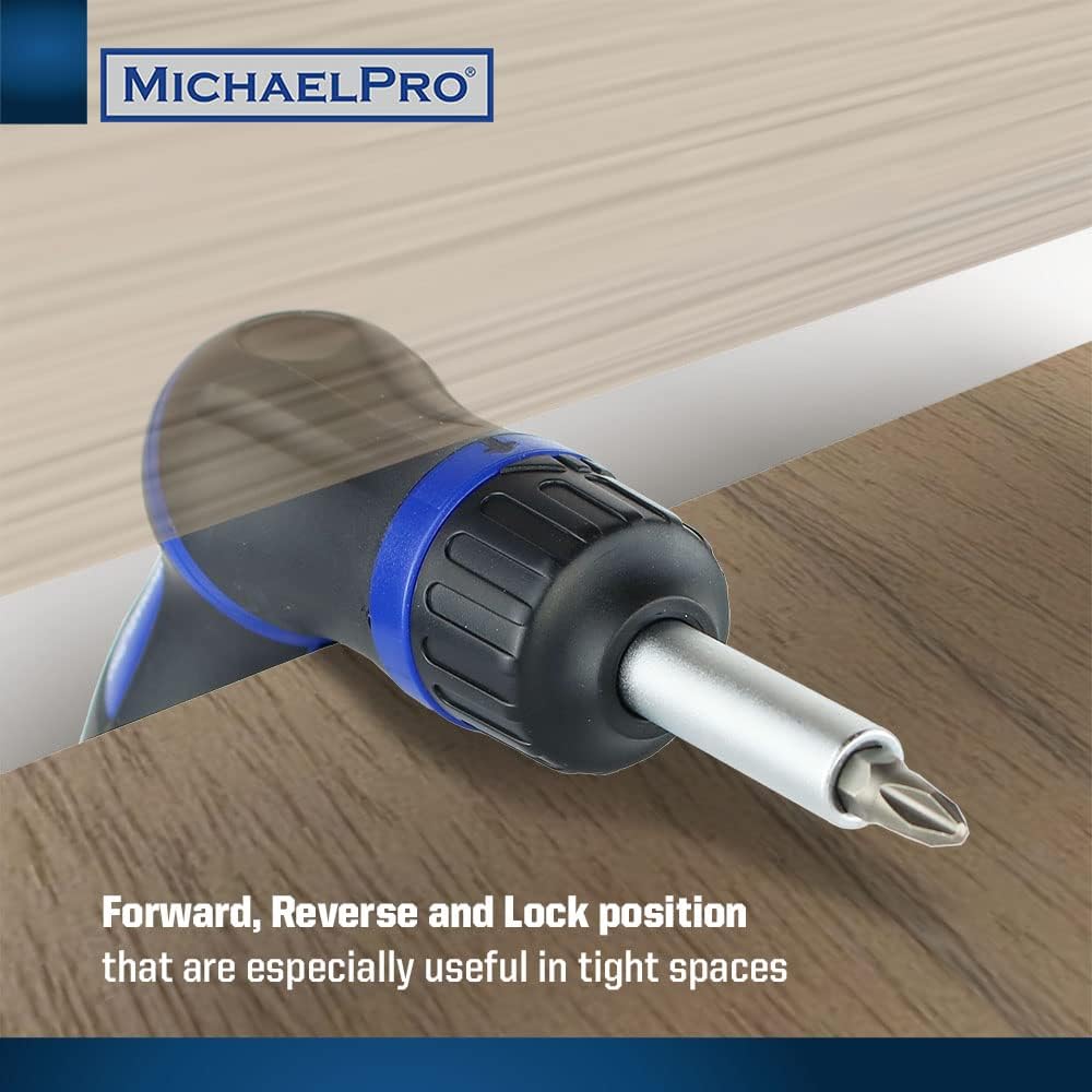 MichaelPro Ratcheting Screwdriver Adjustable Angle, 9-in-1 Multi Bit - Slotted, Phillips, Pozidriv, 2-Position Pivoting, Straight & Pistol Grip, Equipped with Magnetic Collar - MP002024