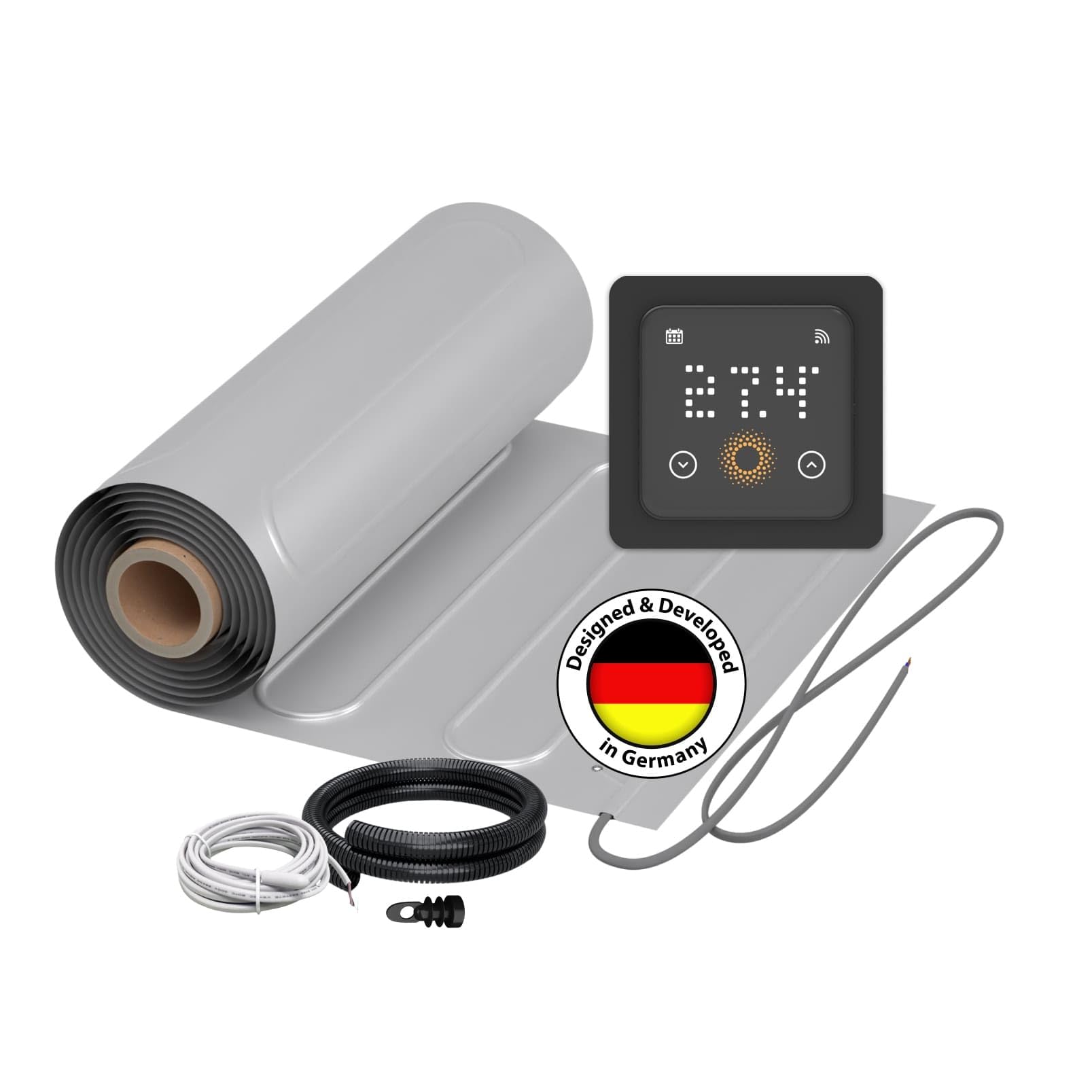 Chauffage au sol électrique pour stratifié : tapis chauffant WARMON ALU 150 W/m² avec thermostat tactile WiFi (25 A), thermostat : TS 500 WiFi noir, taille du tapis : 8 m²