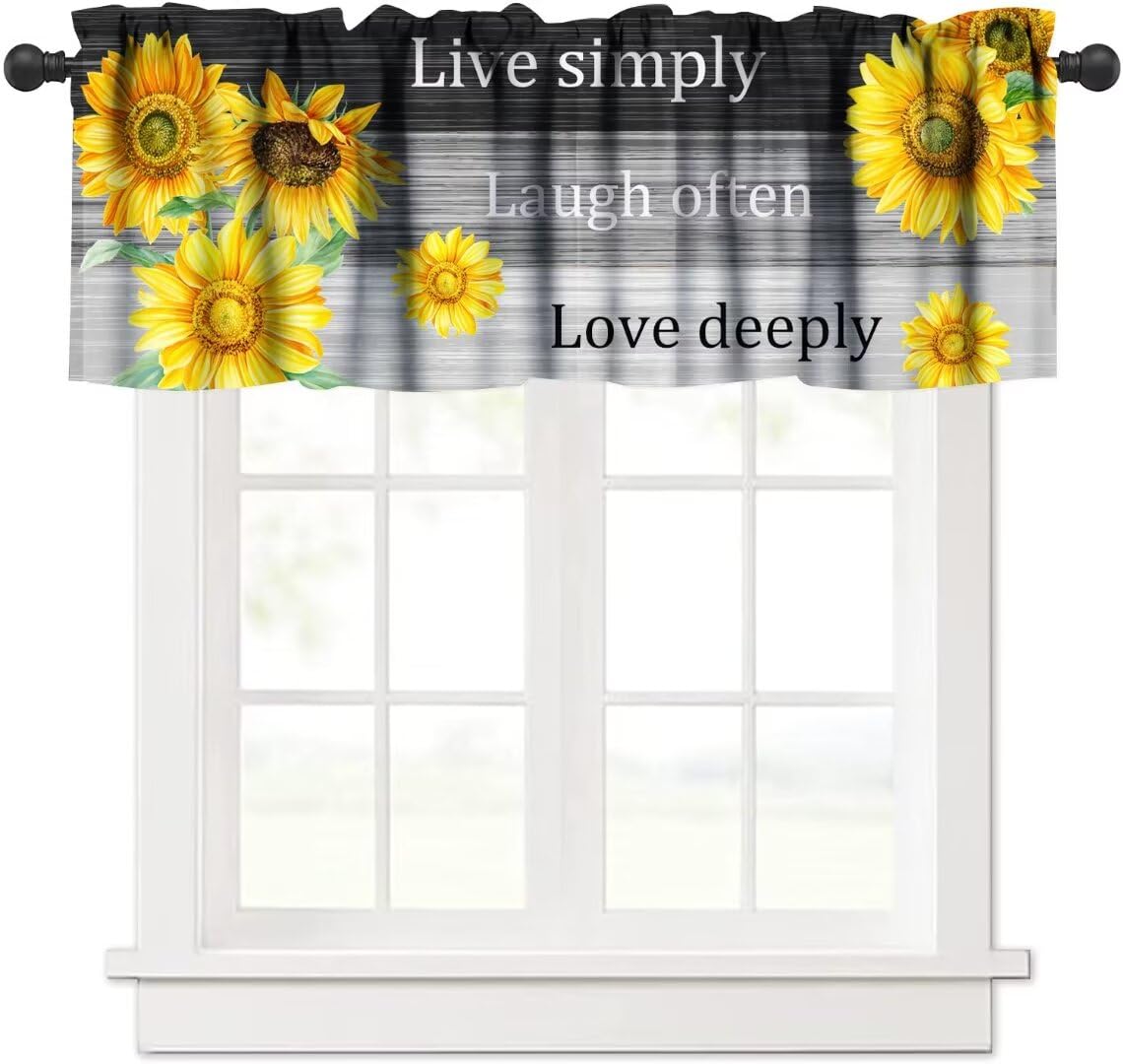 JanJCurt Sunflower Window Valance, Rustic Farmhouse Vintage Sunflower On Black Grey Wooden Board Blackout Short Window Treatments for Kitchen Bedroom