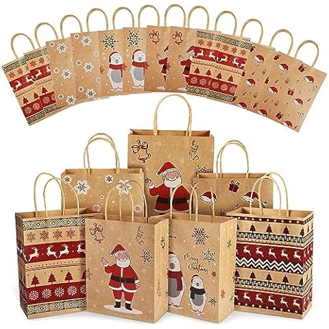 Christmas Gift Bags, 24 PCS Reusable Christmas Treat Bags, Paper Gift Bags with Handles & Christmas Prints, Christmas Bags for Gifts Holiday Gift Bags Xmas Gift Bags Party Favors, 7.08x3.5x8.85 Inch Cover