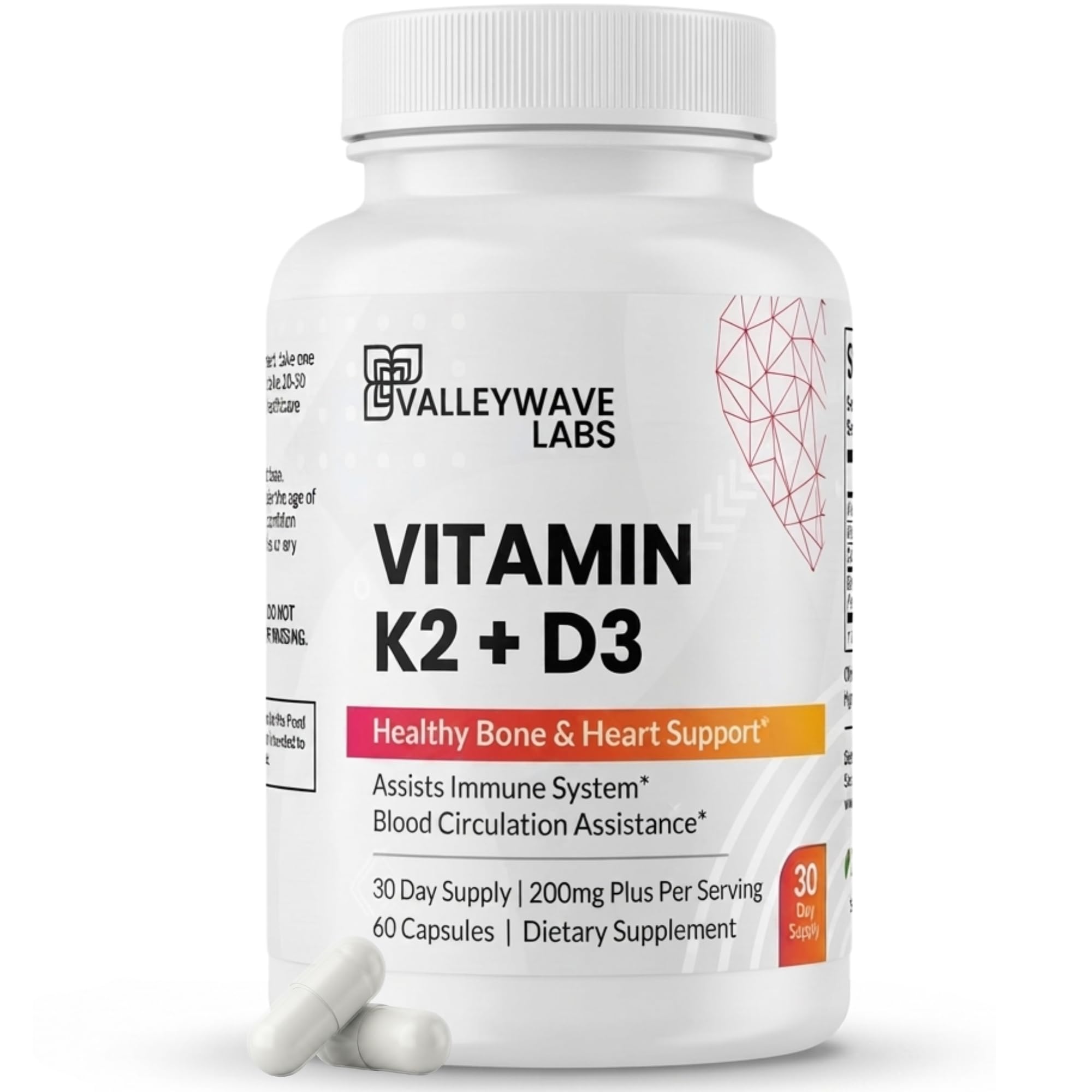 ビタミンD3 K2カプセル - 2-in-1ビタミンK2 MK7 100 mcg + VIT D3 5000 IU (125 mcg) 骨、歯、筋肉および免疫の健康サポートを支持するためのサプリメント*、60 カウント