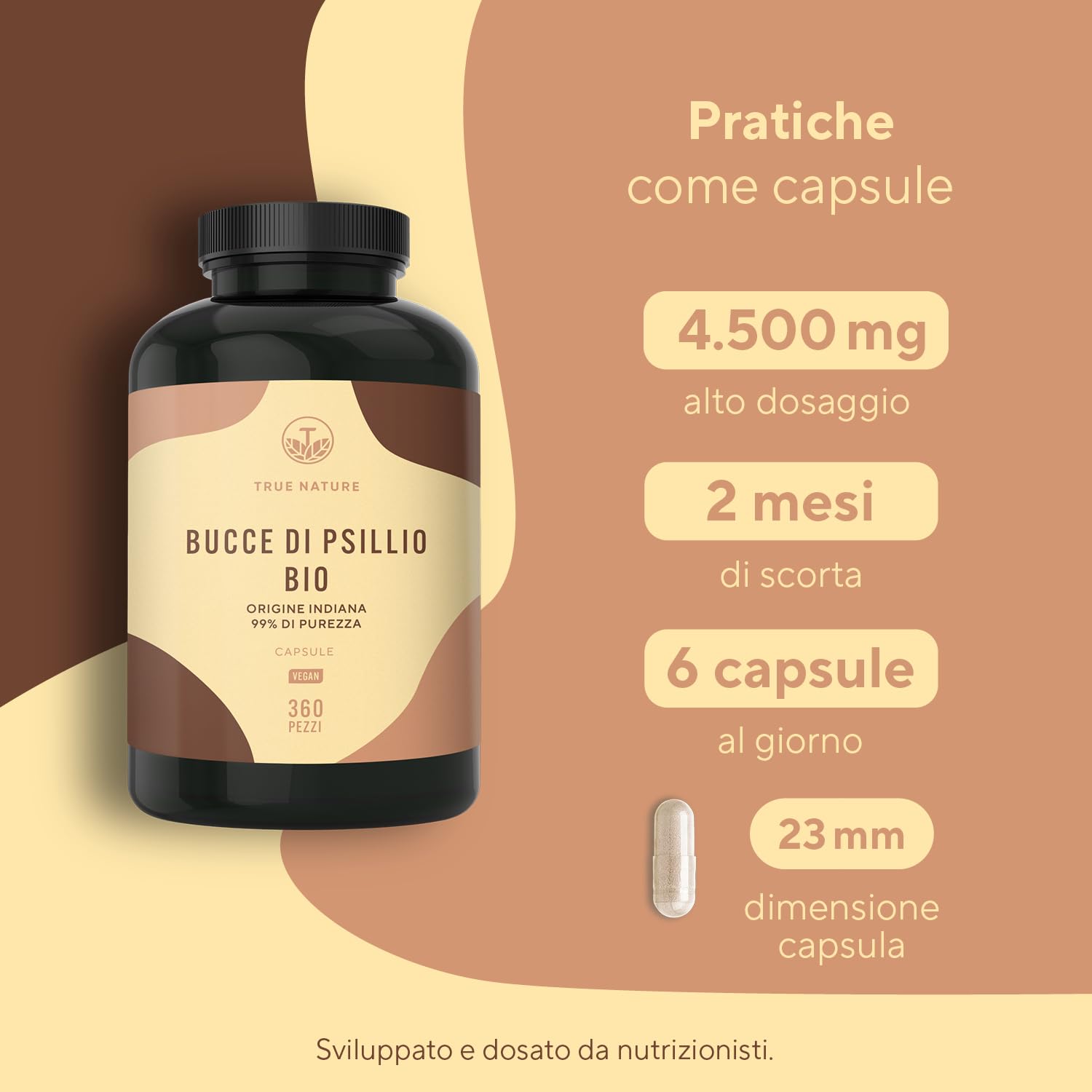 Bucce di psillio BIO - 360 capsule - Alto dosaggio - 4500 mg dose giornaliera - Origine: India - 88% di fibre - Vegan, Testato in Laboratorio, Produzione Tedesca - TRUE NATURE
